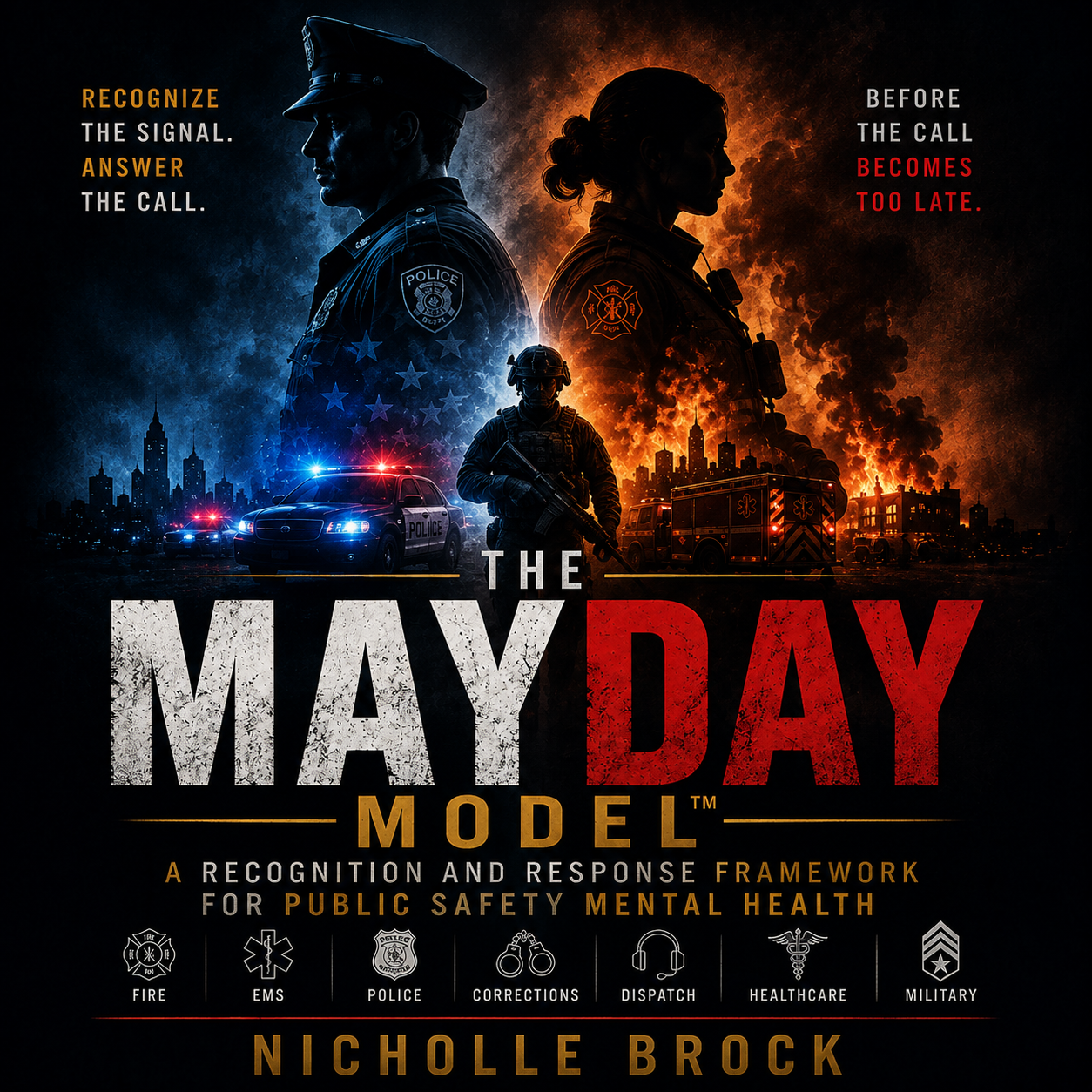 The MAYDAY Model book cover featuring Fire, EMS, Police, Corrections, Dispatch, Healthcare, and Military
